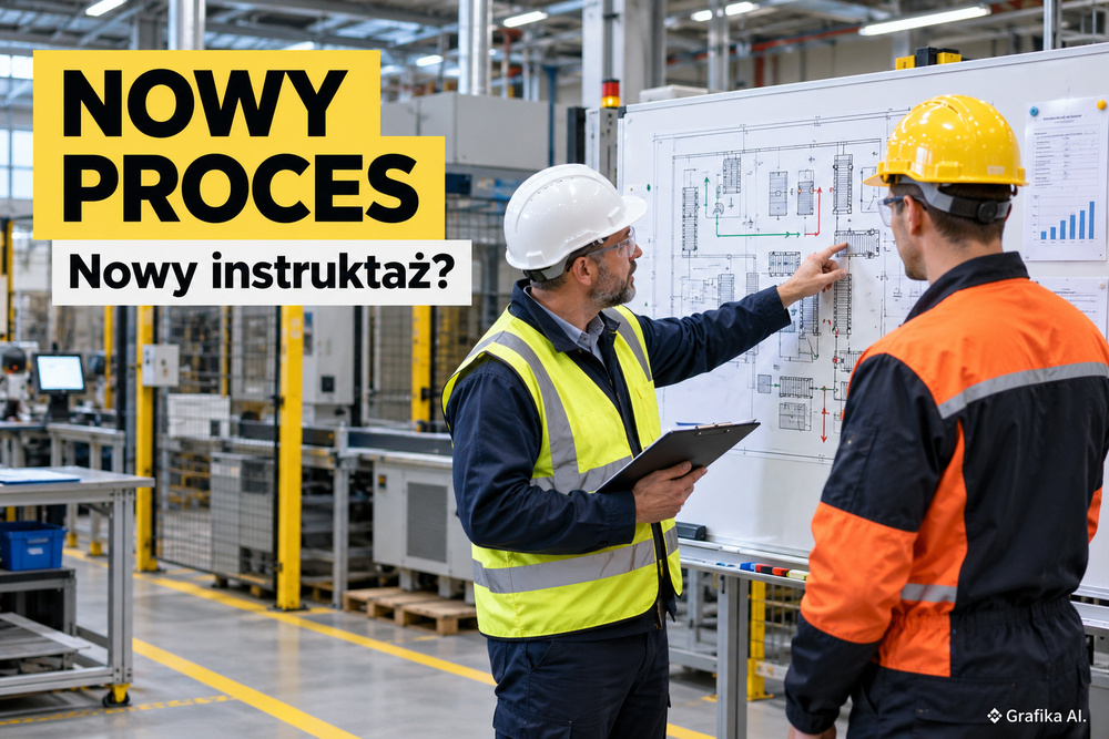 Instruktor i pracownik w kaskach omawiają plan stanowiska w hali produkcyjnej – ilustracja AI.