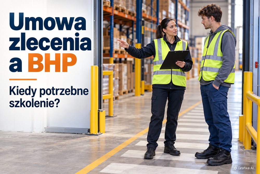 Instruktorka wyjaśnia zleceniobiorcy zasady bezpiecznej pracy w magazynie. Grafika AI.