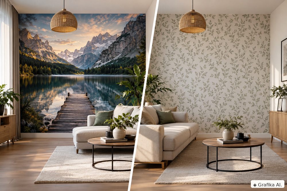 Porównanie fototapety z perspektywą 3D i klasycznego wzoru roślinnego w salonie